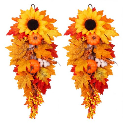 Cindeer 2 Pcs Fall Teardrop Swags for Front Door Decor Sunflowers Pumpkin