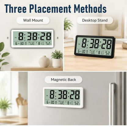 White Magnetic Digital Clock with Seconds 8.5 Inch LCD Alarm for Fridge