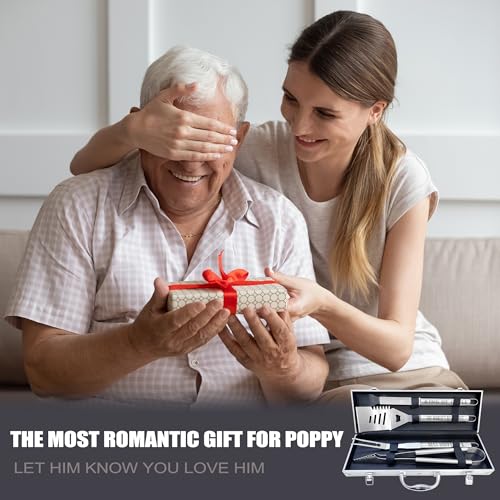 Heavy Duty Poppy Gifts for Grandpa Grill Set - Stainless Steel BBQ Utensils with Non-Slip Handles - Poppy Variation