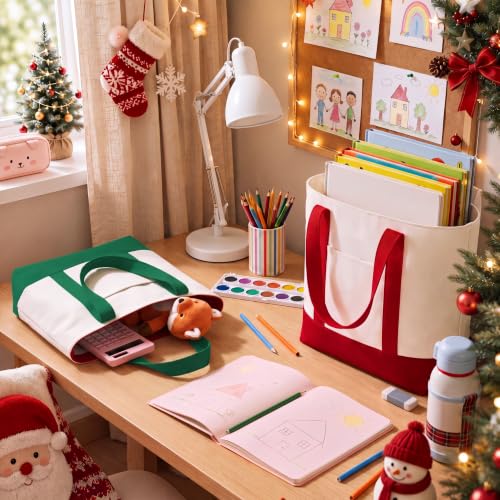 Eccliy 12 Pcs Mini Canvas Tote Bags 13x11x6 Inches Red Green - Holiday Gift Bags