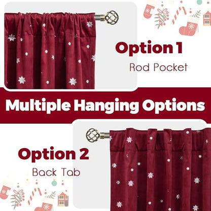 Christmas Burgundy Red Velvet Curtains Set of 2 52x84 Inches with Silver Print - Holiday Decor