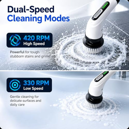 Highyes White Electric Spin Scrubber for Bathroom Cleaning with 7 Brush Heads & Extendable Handle