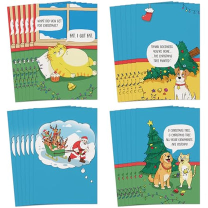 3-Cartoon Christmas Funny Pet Card Set - 24 Holiday Greeting Cards with Envelopes & Seals