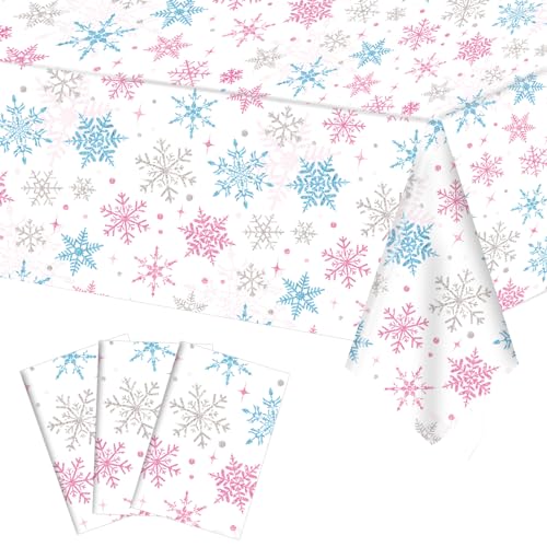 Christmas Snowflake Tablecloth Set - Pink & Blue Winter Holiday Decor, 54 x 108 Inch, 3 Pieces