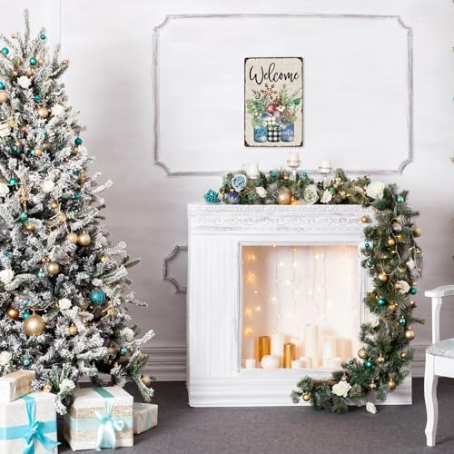 Winter Retro Tin Sign with Plants Snowflakes Welcome Christmas Wall Art 12x8