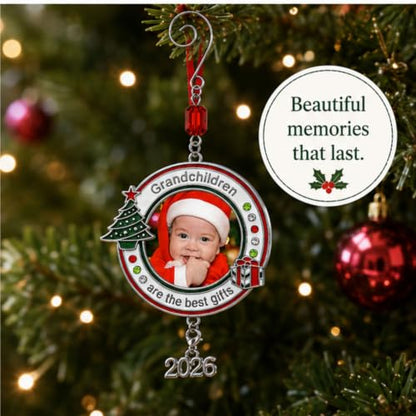 Grandchildren Photo Christmas Ornament Set of 2 with 2026 Charm - Red, White & Green Enamel with Jeweled Accents