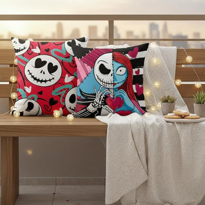 Valentine's Day Throw Pillow Covers Set - Nightmare Before Christmas Style 18x18 Plush Fleece