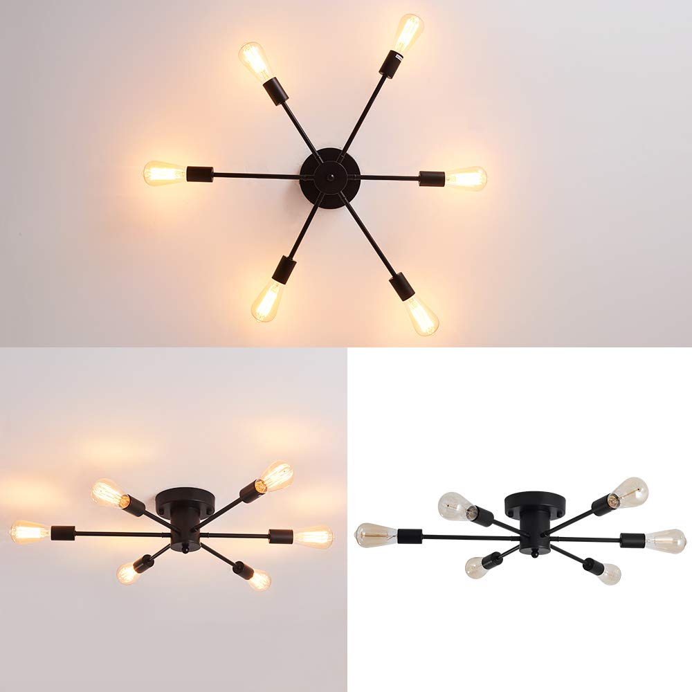 UOFUS 6 Lights Sputnik Semi Flush Mount Ceiling Light Matte Black Modern Edison Chandelier Industrial Close to Ceiling Light for Farmhouse Dining Room Kitchen Bedroom Living Room Study