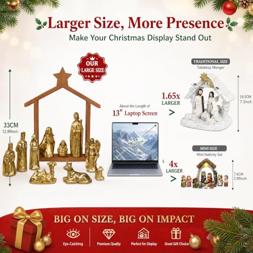 Gold 12-Piece Nativity Scene Set with Stable - Religious Christmas Decoration