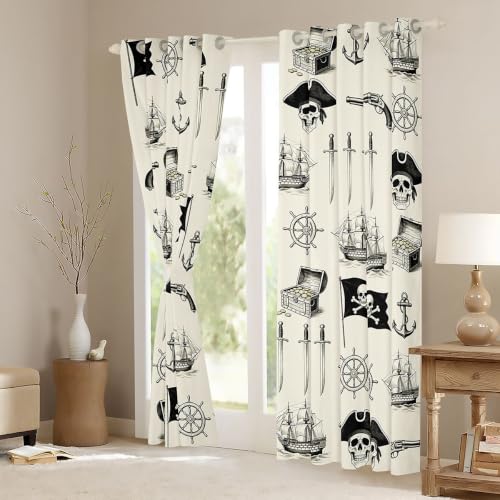 Blackout Nautical Curtain Set - Ocean Themed Thermal Insulated Drapes for Bedroom & Living Room, 2 Panels 42 x 84 Inch, Light Beige & Black