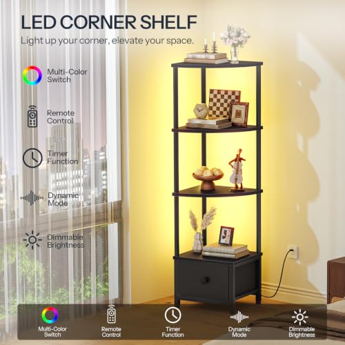 Corner Shelf Stand with LED Light and Drawer - Black, 11.8 x 11.8 x 51.6 inches