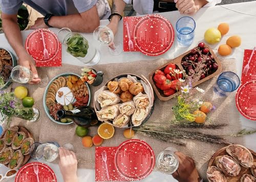Red Glitter Disposable Paper Plates Set for Parties - 7 Inch, 72 Pcs with Napkins & Forks