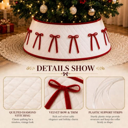 28-Inch Quilted Christmas Tree Collar with Velvet Bow - Tree Stand Cover