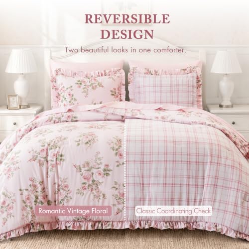 Pink Ruffled Floral Comforter Set Full Size - 7 Piece Bed-In-A-Bag