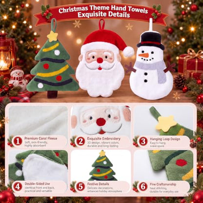 Christmas Coral Fleece Hand Towels Set with Hanging Hooks - 3 Pack