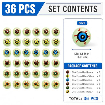 Glow in the Dark Plastic Fake Eyeballs 36-Pack for Halloween Crafts & Pranks