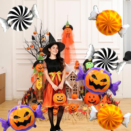 Halloween Candy Balloons Kit - 6pcs Pumpkin & Black Orange Balloons for Party Decoration - Candy Variation