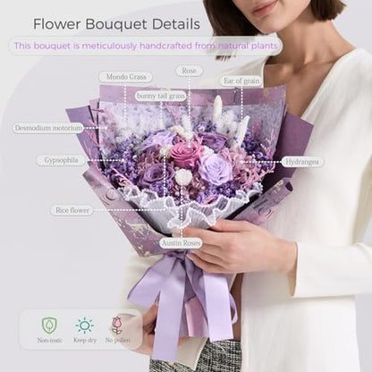 Purple Preserved Flower Bouquet with Real Roses & Hydrangeas - Long Lasting Gift for Weddings, Birthdays, Valentine's, Mother's Day