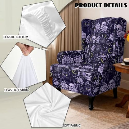 Halloween Skull Floral Wingback Chair Cover Set - 2 Piece Slipcover for Furniture Protection & Decor