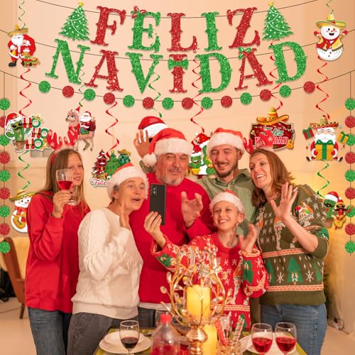 Mexican Christmas Decorations Banner & Hanging Swirls Set - Feliz Navidad