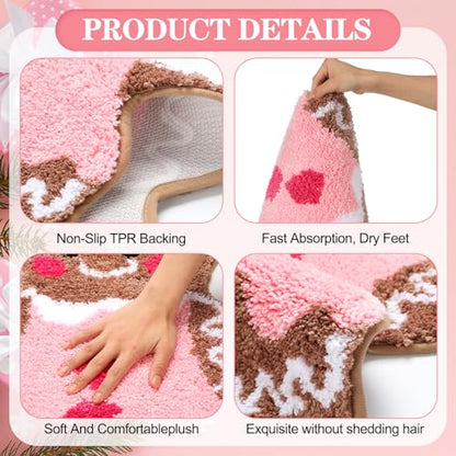Rustic Pink Gingerbread Bath Mat - Non Slip Absorbent Bathroom Rug