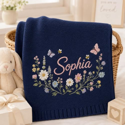 Personalized Baby Blanket - Soft Breathable Cotton Knit with Embroidered Name, Style 7 - Newborn Gift & Baby Shower Present