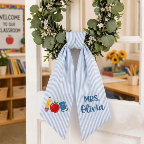 Gingham Baby Blue Personalized Teacher Door Wreath Bow with Embroidered Name