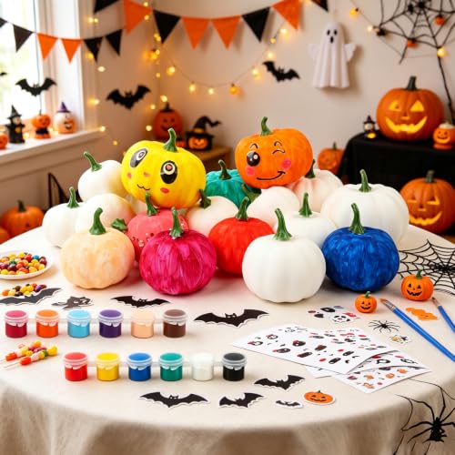 DIY White Pumpkin Craft Kit with Paints, Brushes, Stickers for Fall Decor