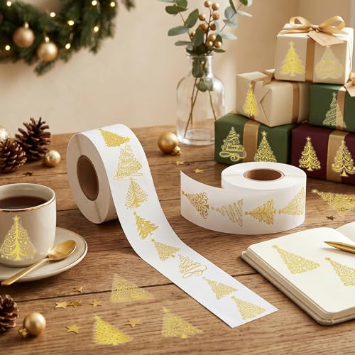 Gold Christmas Tree Stickers - 1000 Waterproof Metallic Vinyl Reusable Decals