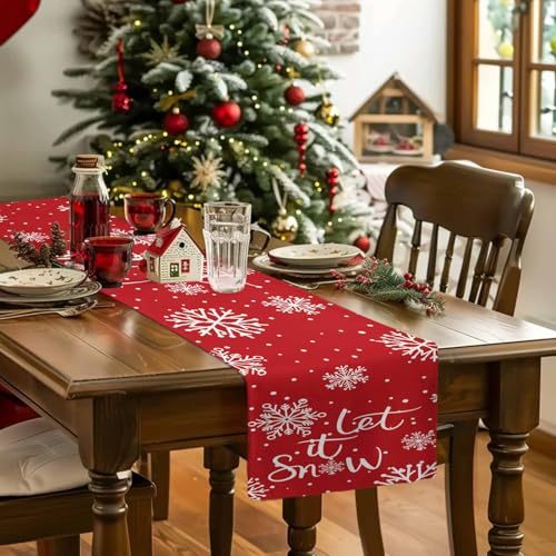 Christmas Table Runner Cotton Linen Let It Snow Decor 13 x 108 Inch - Orange Smearoud0993