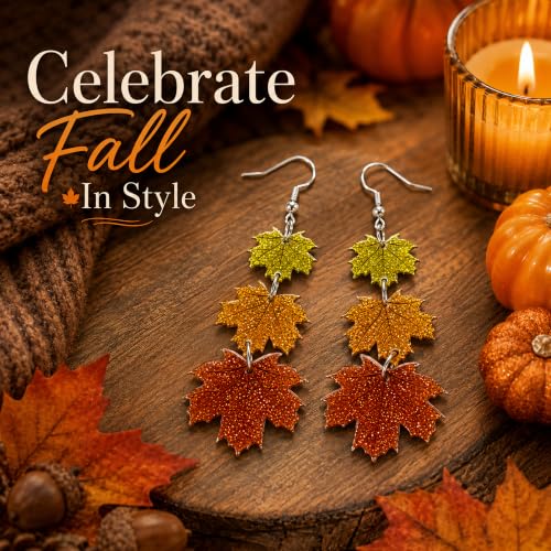 Thanksgiving Fall Maple Leaf Earrings for Women - 3 Layer Autumn Jewelry - Orange Yellow