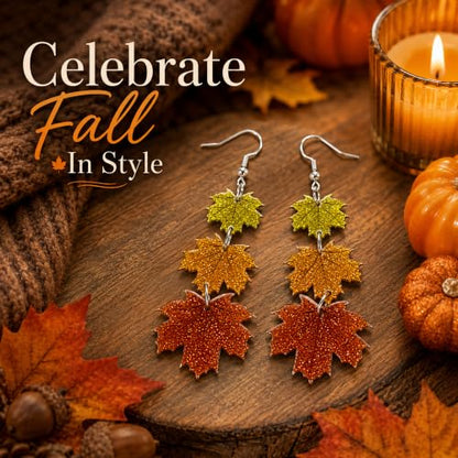 Thanksgiving Fall Maple Leaf Earrings for Women - 3 Layer Autumn Jewelry - Orange Yellow