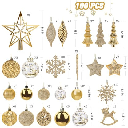 100Pcs Shatterproof Gold Christmas Tree Ornaments Set – Ball, Star, Snowflake & More