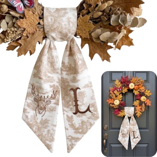 Fall Wreath Sash for Front Door Decor - Monogram Embroidered Pumpkin Linen Ribbon - F01