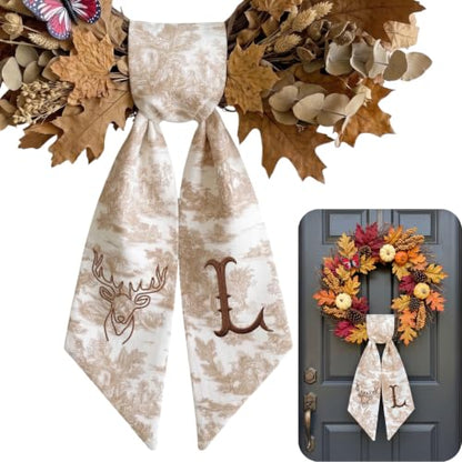 Fall Wreath Sash for Front Door Decor - Monogram Embroidered Pumpkin Linen Ribbon - F01