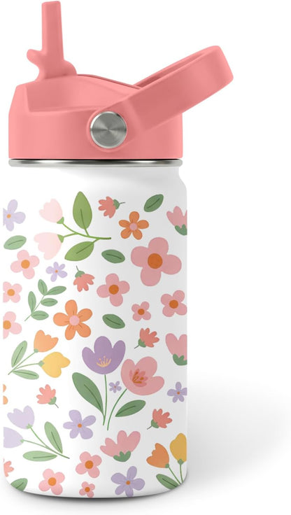 Skiennix Stainless Steel Insulated Water Bottle - 12oz Flower Design Tumbler with Straw Lid & Handle