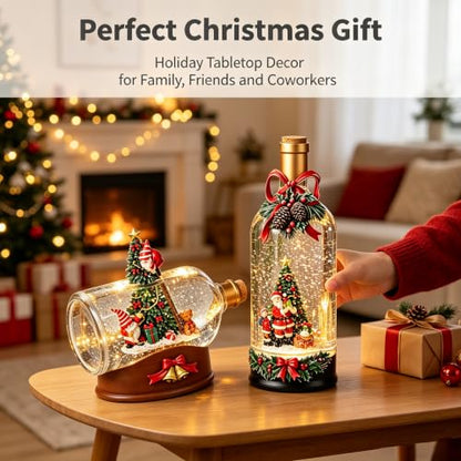 Christmas Snow Globe Bottle Lantern Musical Decor - Santa & Gnome Variation A