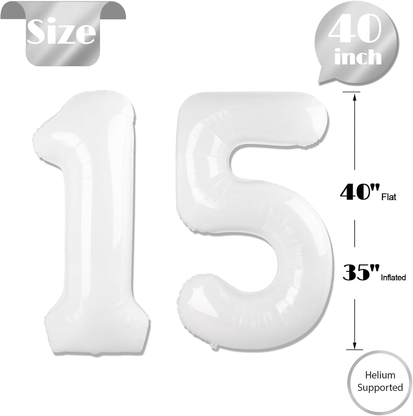 Number 15 Balloon by [Brand Name] - 40-Inch White Birthday Decoration for 15th Party Supplies