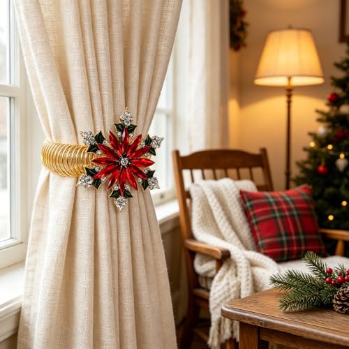 2-Pack Christmas Poinsettia Curtain Tiebacks - Festive Window Decor