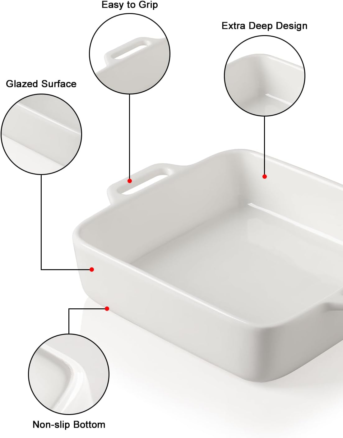Sweejar 8x8 Baking Pan - Ceramic Casserole Dish with Double Handles | 2 QT White Square Dish for Brownies & Lasagna