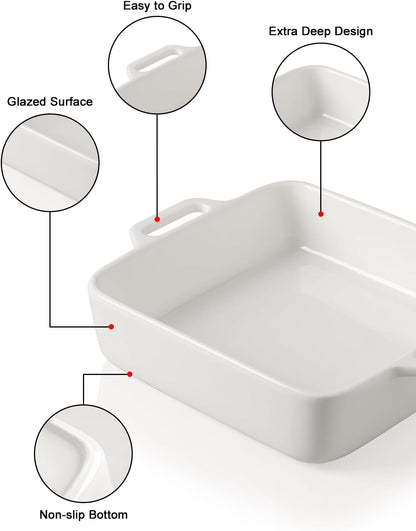 Sweejar 8x8 Baking Pan - Ceramic Casserole Dish with Double Handles | 2 QT White Square Dish for Brownies & Lasagna