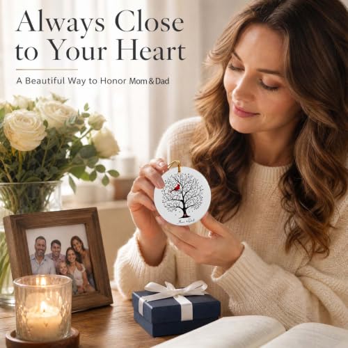 In Loving Memory Memorial Ornament - Mom & Dad Keepsake Christmas Decoration - Tree of Life Design with Cardinal - Double-Sided Ceramic Tribute