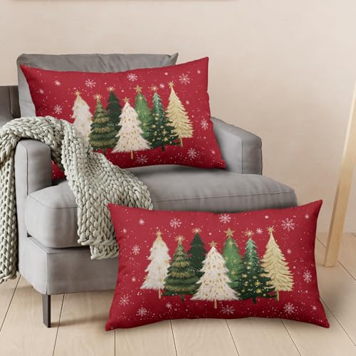 Christmas Tree Red & Snowflake Pillow Covers 12x20 Set of 2 Outdoor Holiday Decor Variation of Christmas Tree Red / 20" x 12" (Pack of 2)