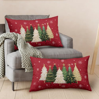 Christmas Tree Red & Snowflake Pillow Covers 12x20 Set of 2 Outdoor Holiday Decor Variation of Christmas Tree Red / 20" x 12" (Pack of 2)