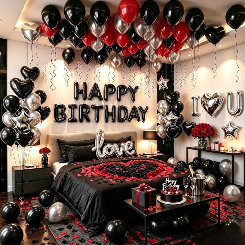 Red Black Silver Birthday Balloons Kit Happy Birthday Decoration - Black & Red