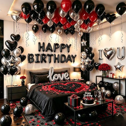 Red Black Silver Birthday Balloons Kit Happy Birthday Decoration - Black & Red