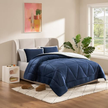 UGG Nita Queen Comforter Set - Reversible Fluffy Bedding, Navy Blue, Full/Queen Variation