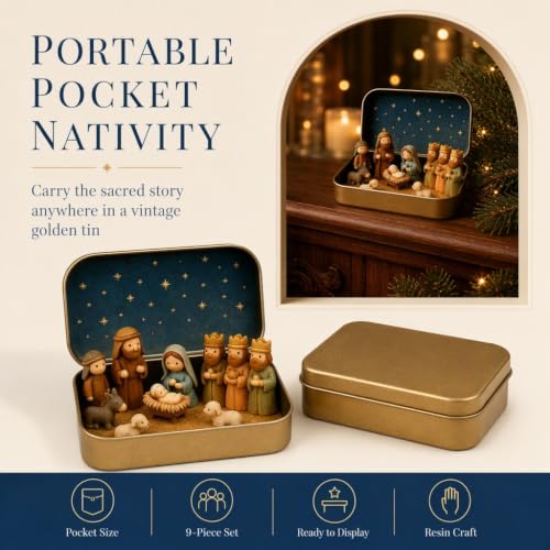 Multicolor Mini Nativity Set in Tin Box Handcrafted Religious Figurines Christmas Decor