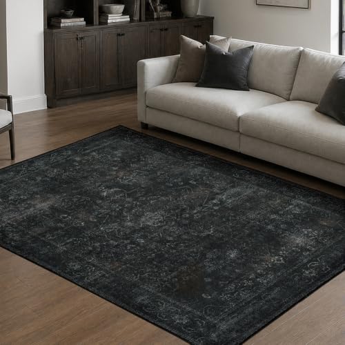 Vintage Washable 5x7 Area Rug Black - Distressed Geometric Pattern, Soft & Non-Slip