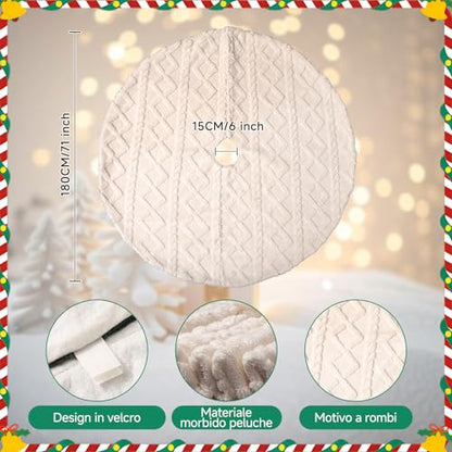 Lanpn Christmas Tree Skirt 71 Inch Faux Fur Xmas Mat with Rhombus Plush for Extra Large Trees Beige 180cm